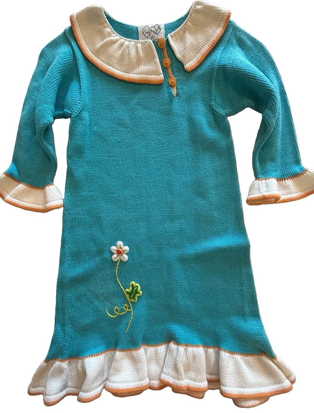Zackali-4-Kids Hand Knitted Blue Flower Ruffle Cotton Sweater Dress Girls Sz 7/8